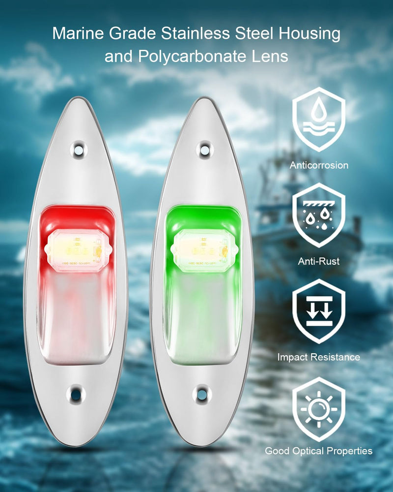 12V LED Marine Navigation Light Teardrop Type Sidelight, SS Waterproof LED Flush Mount Red and Green, for Fishing Small Boat Pontoon Sailing Yacht