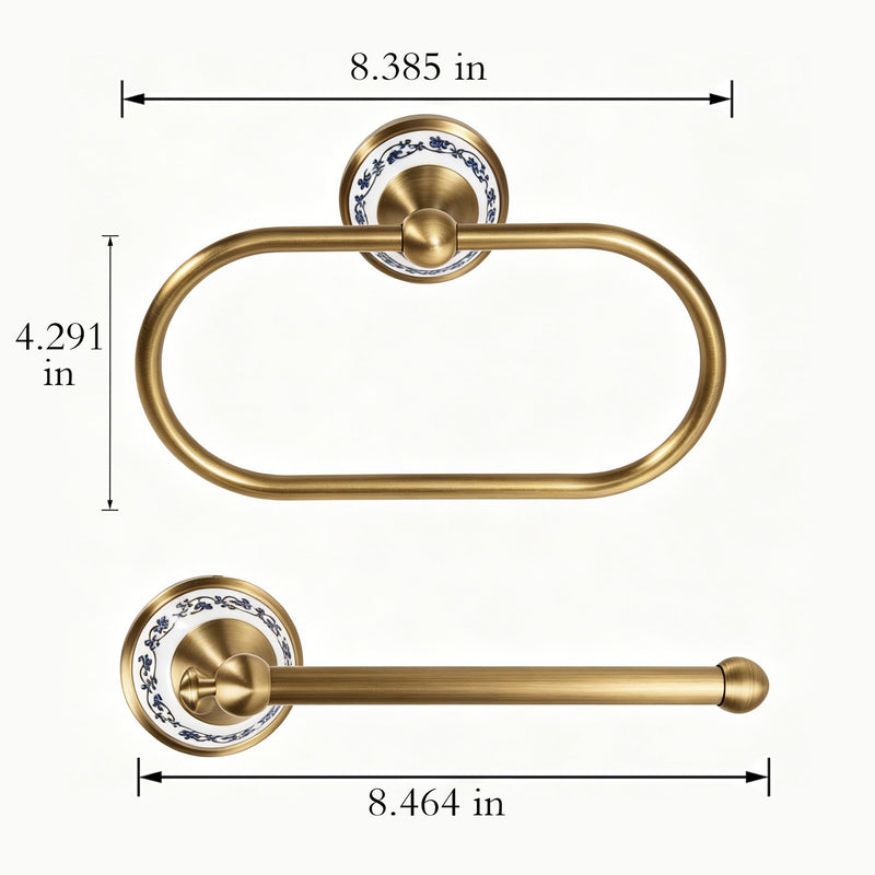 2Pieces Toilet Paper Holder & Brass Towel Ting, PrecisEdge Antique Brass Bathroom Hardware Set, Antique Gold Bathroom Accessories, Toilet Holder Hand Towel Holder Set, Powder Room & Home Decor Antique Blue and White Porcelain-2 Pcs