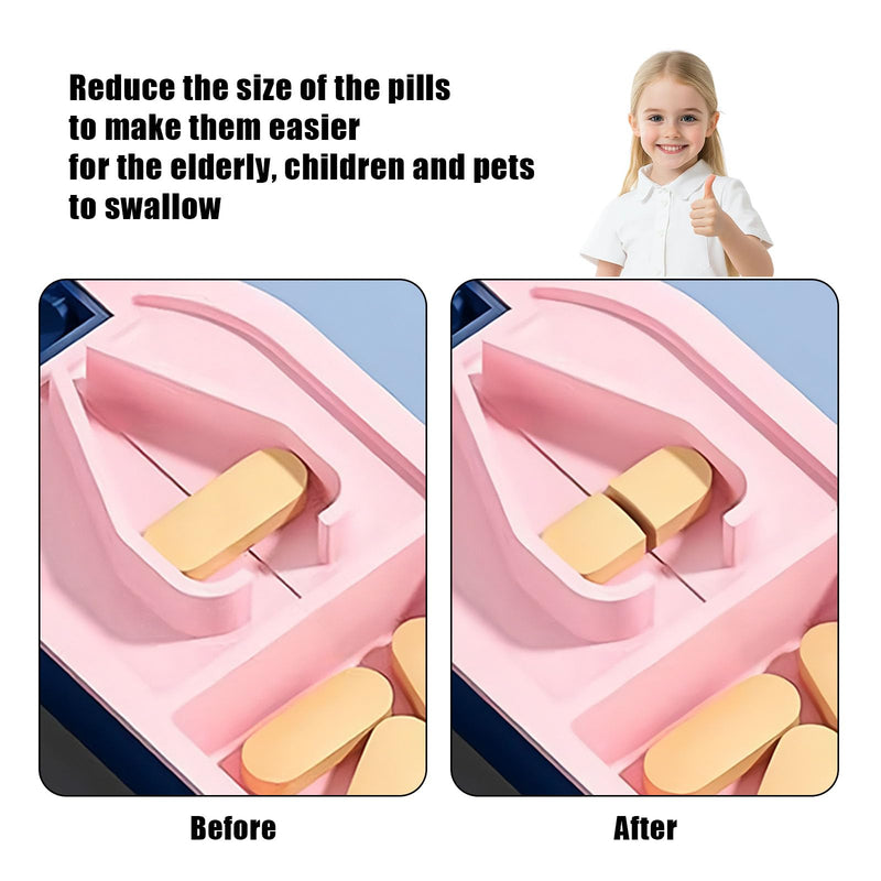 Pill Cutter Splitter for 1/2 Cuts, Small Tablets and Vitamins, Easy-Open Button, Built-in Storage, Shielded Stainless Steel Blade, Portable Tablet Splitter(Blue)