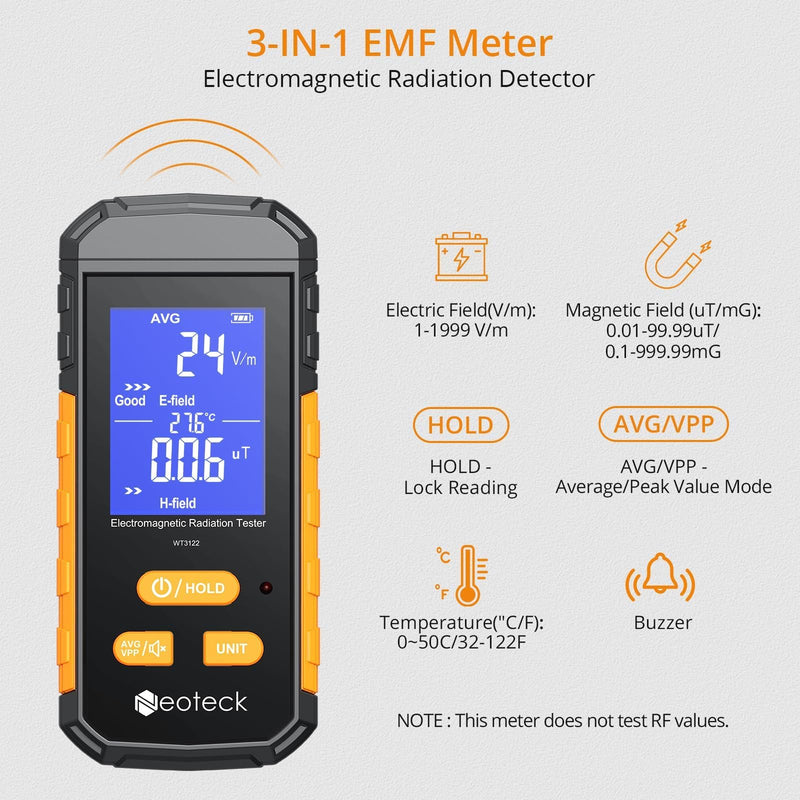 Neoteck 3-in-1 EMF Meter Rechargeable Electromagnetic Radiation Detector for EF MF and Temperature LCD Backlit Audible Alarm 1~1999V/m Electric Field 0.01~99.99ut Magnetic Field(RF Not Included)