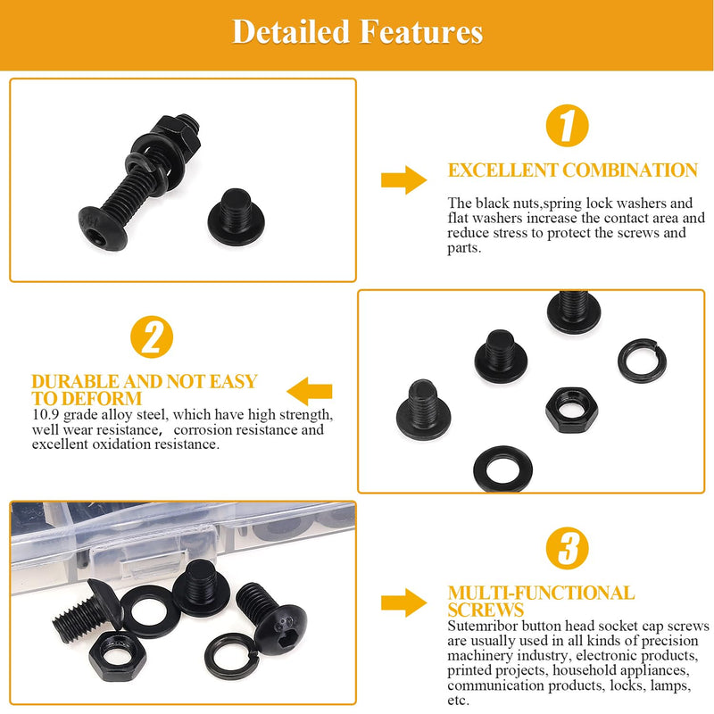 242 Pieces M5 Screws Nuts Washers Set Black, Sutemribor M5 x 8/10/12/16/20/25/30mm Button Head Socket Cap Screws Nuts Washers Assortment Kit, 10.9 Grade Alloy Steel, Fully Threaded M5 Screws Kit