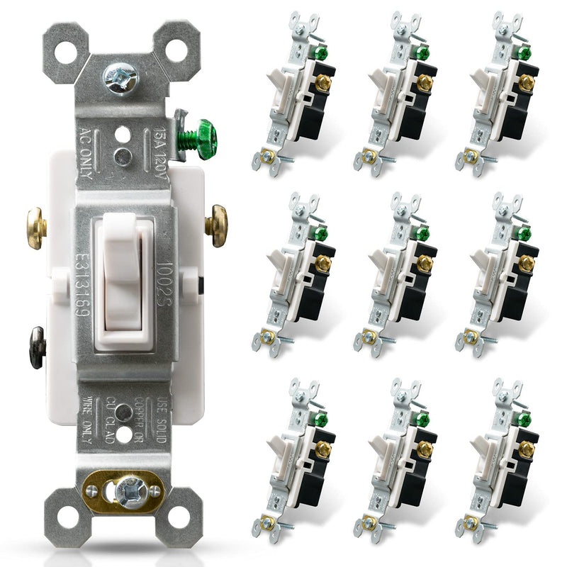 ELEGRP 3 Way Toggle Light Switch, 15 Amp, 120 V, Toggle Framed AC Quiet Switch, in Wall On/Off Switch Replacement, Self-Grounding, Residential and Commercial Grade, UL Listed (10 Pack, Glossy White) Without Wall Plate 10