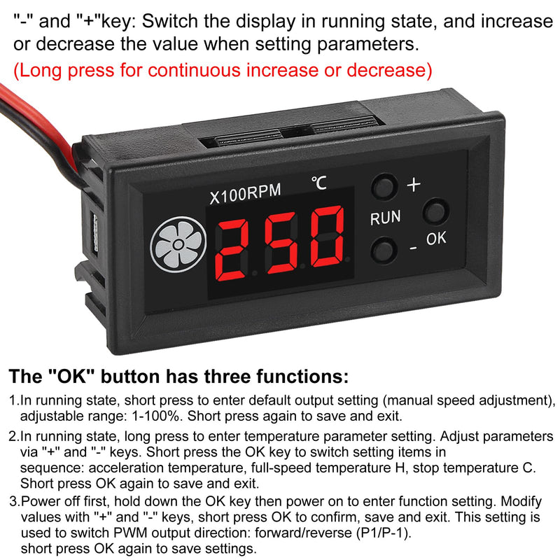 2pcs 4-Wire PWM Fan Temperature Controller (12V 3A) Fan Speed Controller with 1 Black Terminal Wire, Digital Display ℃ Temperature Controlled Governor, Dual-Display Fan Governor