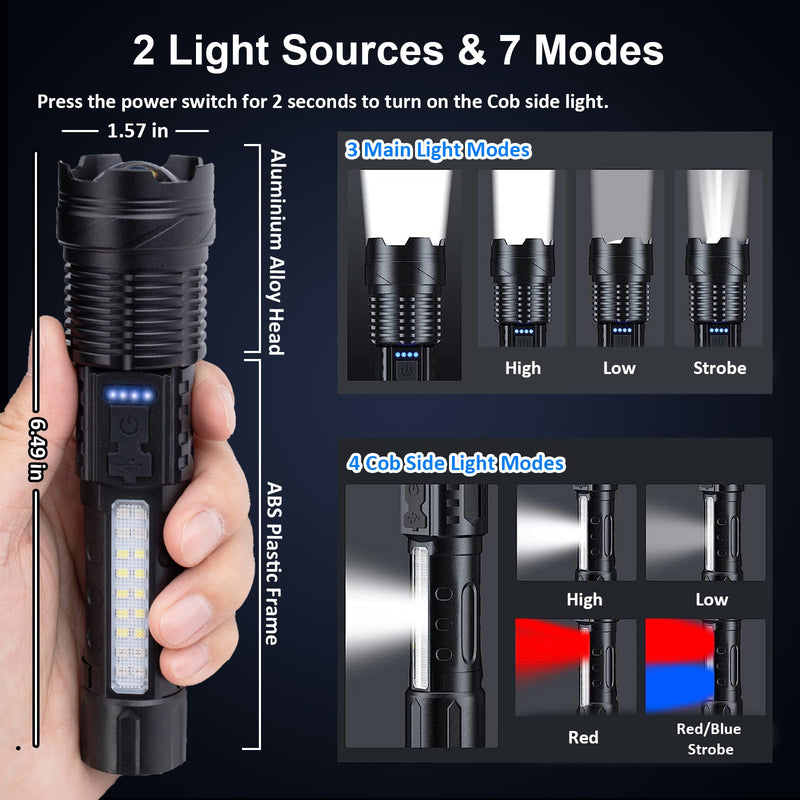 Rechargeable Flashlights High Lumens 2 Packs, 980,000L Tactical Led Flash Light High Powered, Super Bright Zoomable flashlight with 7 Modes, Cob Side Light, Adjustable Flash lights for Home Emergency Large