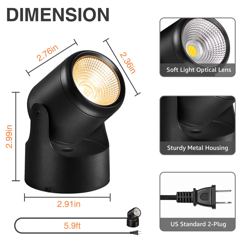 3000K/4000K/5000K Uplighting Indoor 3W LED Spotlight Indoor Plug-in with Memory Function Floor Spot Lights Indoor with Remote Control Dimmable Uplights Indoor for Plant/Picture/Artwork, 2 Pack