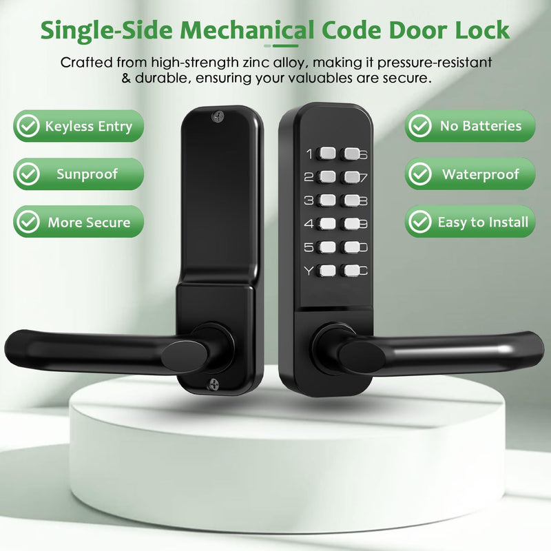 High-Security 12 Digit Keypad Mechanical Door Lock - Keyless Entry, Mechanical Code Lock with Handle, Waterproof & Rustproof, No Battery, Easy to Install, BH-MDLS0020202 Matte Black