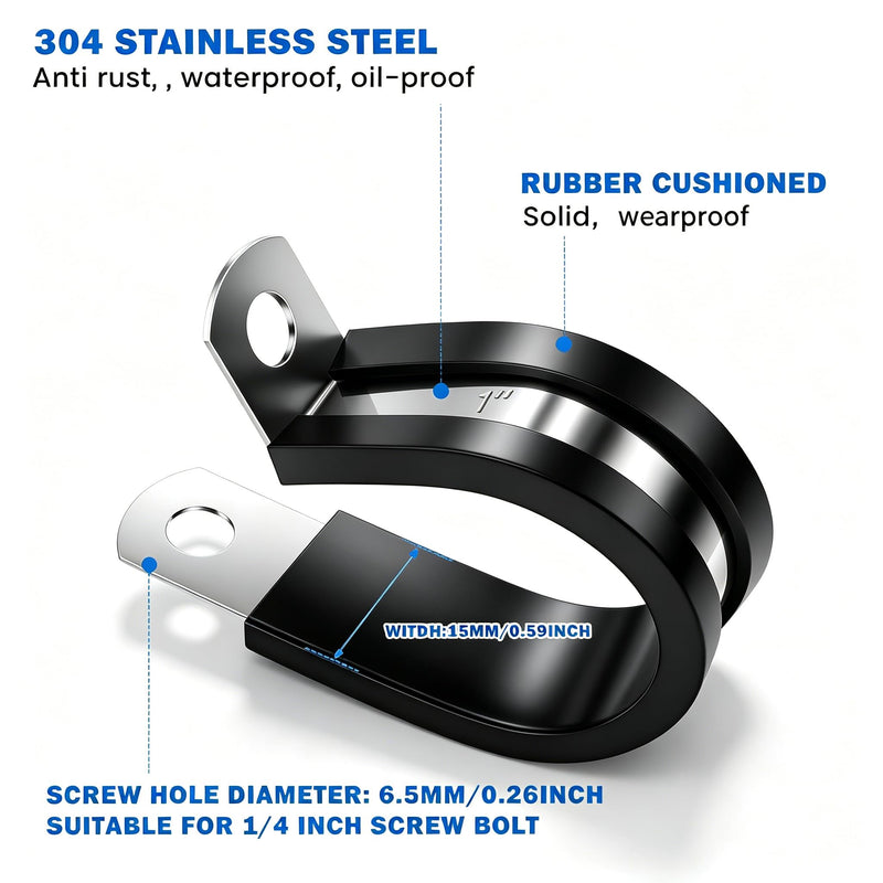 180 Pcs Cable Clamps Assortment Kit, 304 Stainless Steel P Clamps with Rubber Cushion, 7 Sizes (1/4"-1") for Hose, Pipe, Wire, Fuel Line, Automotive, Marine, RV 180 Pcs