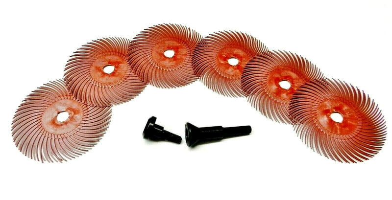 3M Radial Bristle Disc 3" Red 220 Grit with 1/4" Mandrel 6 Brushes and Arbor Set by Jets