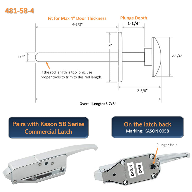 Awoco Kason 481 Inside Release Handle, Glow in Dark, Push Rod for 4" Thick Door of Walk-in Coolers and Freezers, Overall 6-7/8" (Steel 58 Short) Steel 58 S
