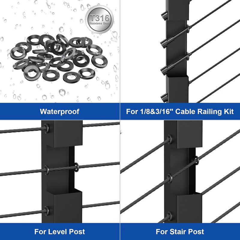 BLIKA 100 Pack Black Cable Railing Adhesive Sleeves for Deck/Stair Posts