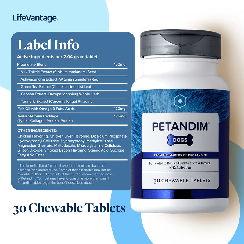 Petandim Dog Vitamins, 30 Chewable Tablets, Reduce Oxidative Stress, Joint Supplement for Dogs, Dog Skin and Coat Supplement, Vitamin for Dogs in a Bacon, Chicken, and Liver Flavored Chewable Tablet - PawsPlanet Australia