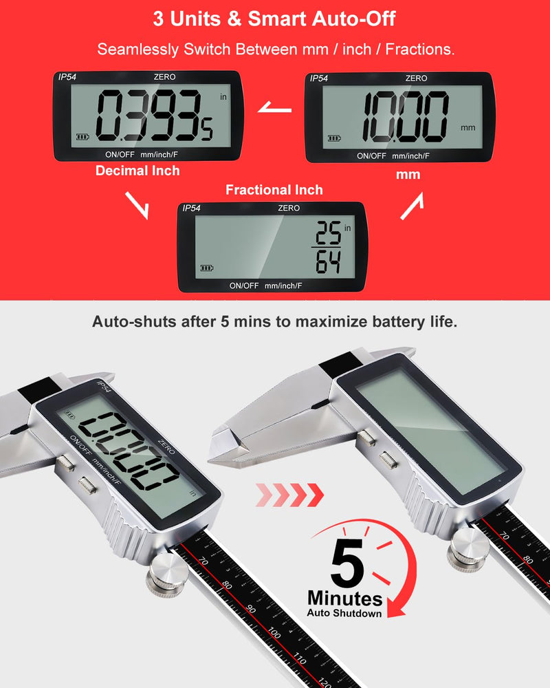 GODESON 8" Digital Caliper, 0.001" Precision Rechargeable Vernier Caliper - USB-C, IP54 Protection，Full Stainless Steel, Inch/MM/Fraction, Large LCD Measuring Tool for Machining, DIY & 3D Printing