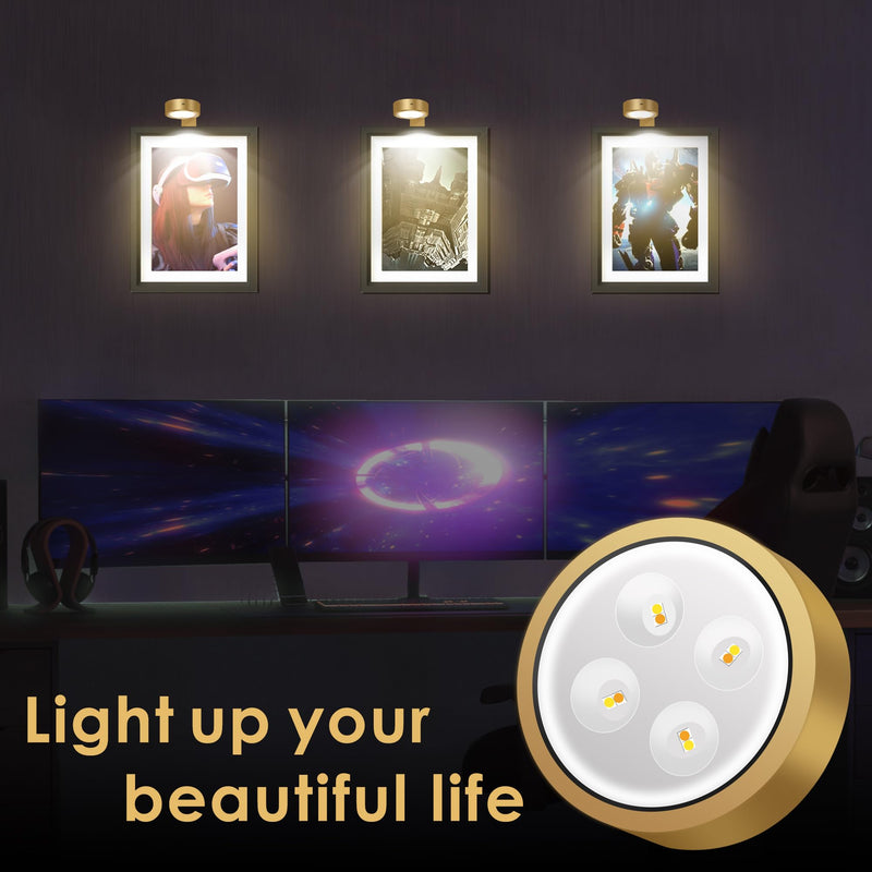3-Pack Picture Light Battery Operated, Magnetic Led Lights with Remote, Dimmable and Timer Painting Light, Art Display Light for Picture Frame Artworking Portrait, Home Wall Decor Puck Lights, Gold 3-Pack