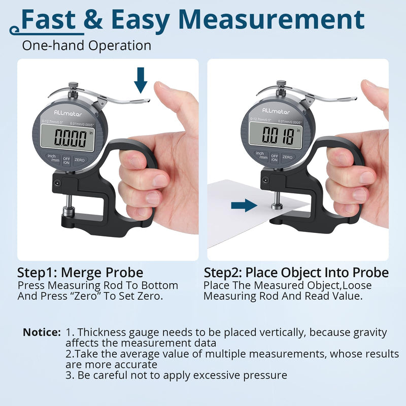Digital Thickness Gauge, 0.01mm Resolution, 0-12.7mm Range | Electronic Micrometer Thickness Gage with LCD Display, Auto Zero, Inch/Metric Switch for Leather, Paper, Fabric, Plastic Film black 0-12.7mm,0.01mm
