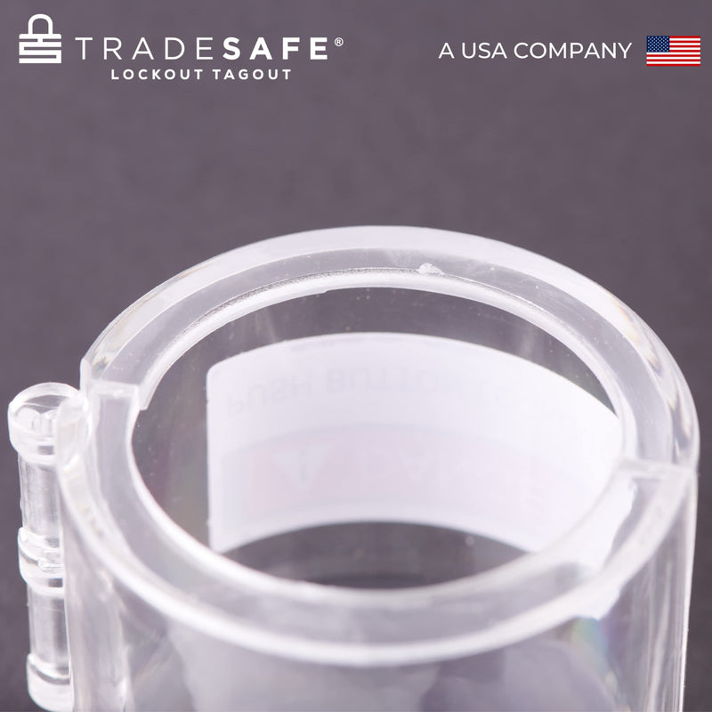 TRADESAFE Emergency Stop Button Cover Lockout - Round Transparent Push Button Switch Cover, 7/8-inch up to 1-1/2 inch Hole Diameter, 3-Piece Push Button Lockout 3 piece set - Round Type