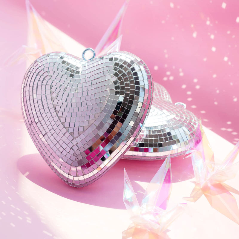 Valentines-Day Gift Heart Shaped Disco-Ball - 2 Pack Mirror Disco Balls for Valentines Day Gift Party Reflective Decor for Table, Desk, Room, Home, Bar, Hanging Disco Decor Retro Silver (6 inch)