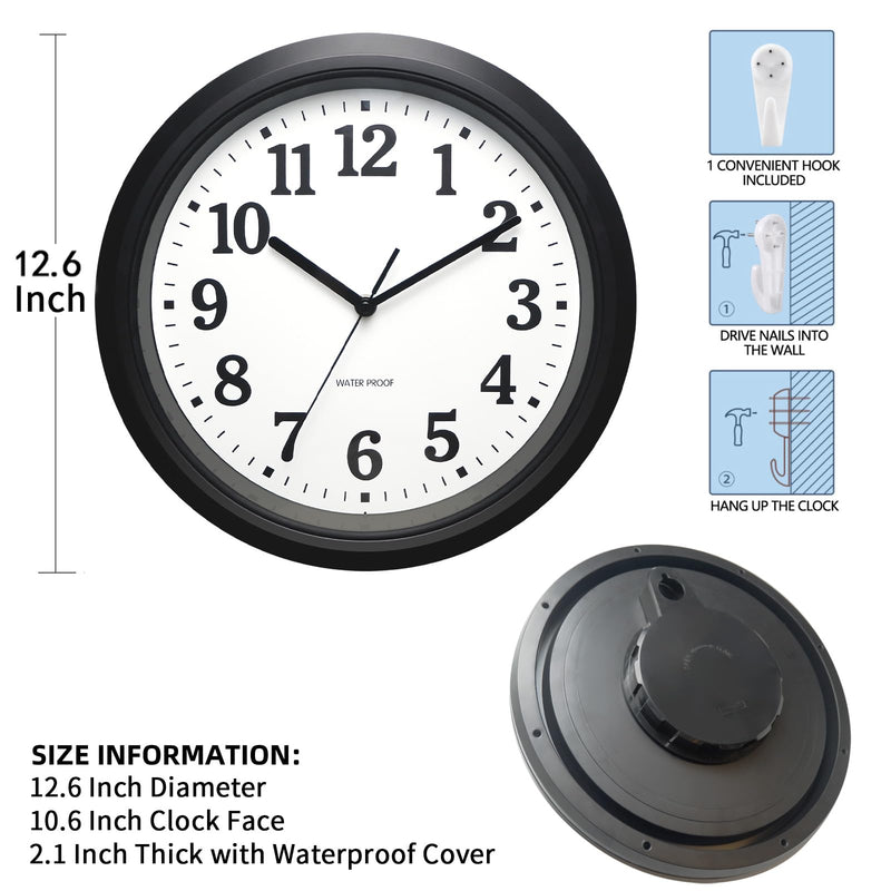 Caysie 12 Inch Sealed Indoor Outdoor Waterproof Wall Clock, Durable Silent Non-Ticking Battery Operated Quality Quartz Round Clock, Wall Decorative for Patio, Pool, Bathroom (Black) 12" Black