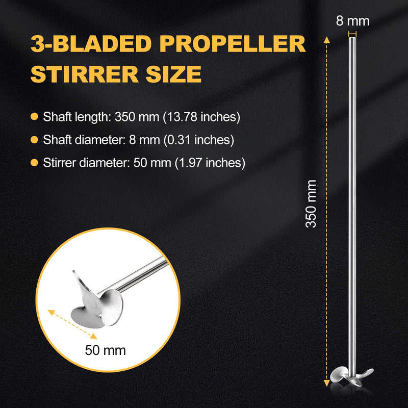 3 Bladed Propeller Stirring Rod, 304 Stainless Steel, 350mm Length, 8mm Shaft, 50mm Impeller for Laboratory Overhead Stirrer