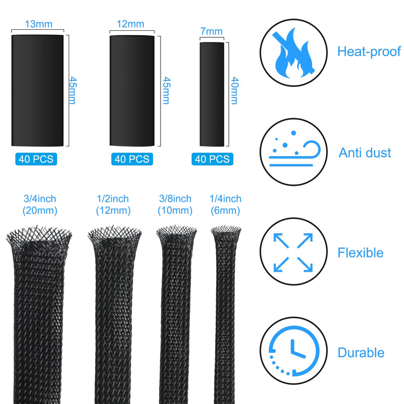 Tatuo 65.6 ft Expandable Braided Cable Sleeve Multi Size Braided Wire Sleeve with 120 Pcs Heat Shrink Tubing for Television Audio Computer Cables Video Pets,1/4 in,2/5 in,1/2 in,3/4 in(Black) Black