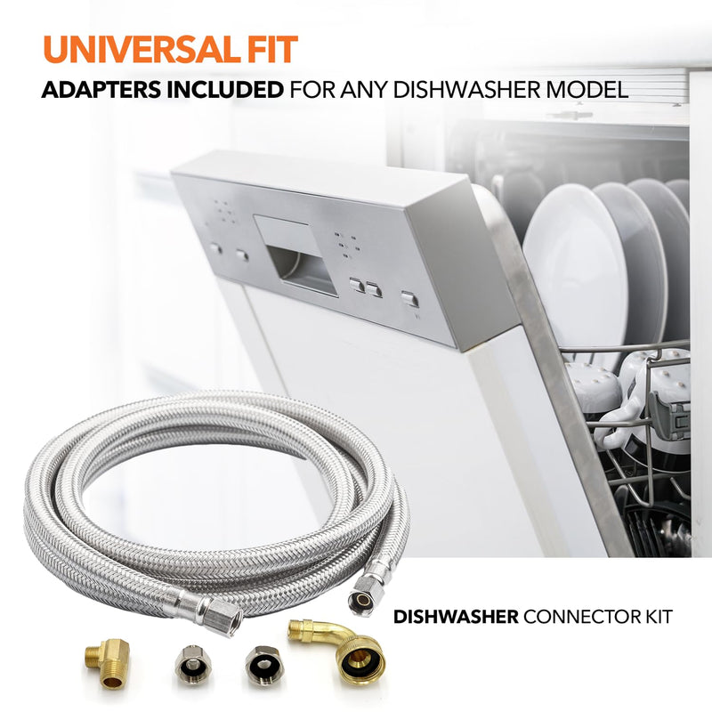 Universal Dishwasher Hose Kit, 3/8" x 3/8" Compression, 6ft long Braided Stainless Steel Hose + 3/4" Hose Bibb Elbow + 3/8" Compression Elbow + 3/8" Compression Adaptor + 1/2" Compression Adaptor Dishwasher Kit 3/8"Cx3/8"C + Elbows (2) + Adapters (2)