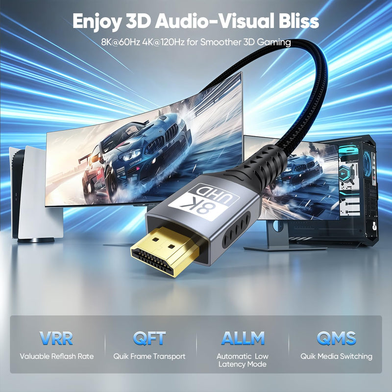 8K Long HDMI Cable 25 FT, 48Gbps Ultra High Speed HDMI 2.1 Cable Braided Cord, 8K@60Hz 4K@120Hz, eARC, HDR10+, HDCP 2.3 for Long-Distance TV/Laptop/PC/Monitor/PS5/X-box/Projector/Blu-ray