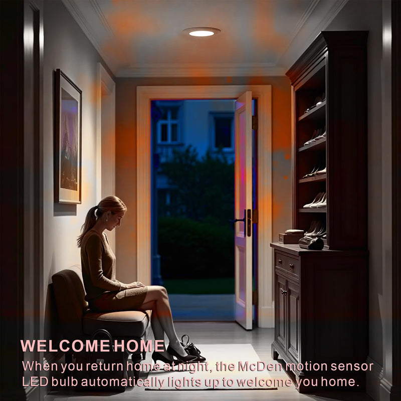 McDen Motion Sensor Light Bulb, BR30 13W Equivalent 100W 6000K Daylight, Indoor Motion Activation Detector Light Bulb, E26 Base Dusk to Dawn Security Night Light. 4 Packs BR30-13W
