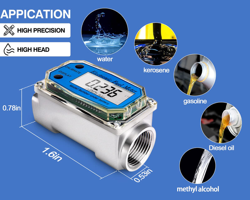 1Inch Flow Meter - Turbine Flow Meter - Fuel Flow Meter - LCD Digital Flow Meter with FNPT Inlet/Outlet for Liquids Such As Water, Diesel, Kerosene and Gasoline, 2.5-26 GPM /10-100 LPM