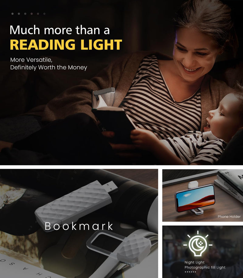 USB Rechargeable Book Light, Clip-on LED Bookmark Reading Light in Bed, 3 Amber Colors & 5 Brightness, Long Lasting, Perfect Gifts Stocking Stuffers for Book Lovers, Adults, Kids White