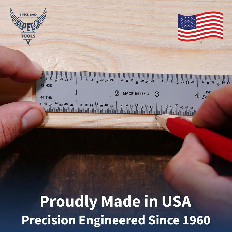 PEC Tools High Precision Metal Ruler, 12 Inch Rigid Machinist Rule, 4R Graduation (1/8", 1/16", 1/32", 1/64"), Carbon Steel with Satin Chrome Finish, Trusted by Professionals, Made in USA