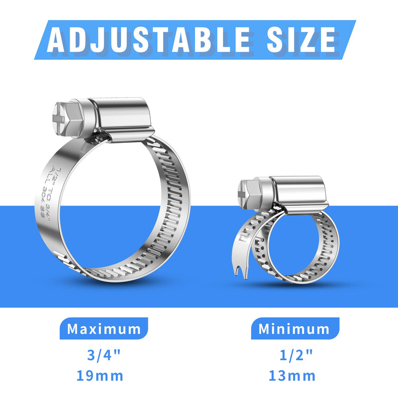12PCS Heavy Duty Hose Clamps Stainless Steel 304,1/2" Hose Clamp to 3/4" Hose Clamp (13-19mm) Adjustable Worm Gear Drive Hose Clamps, Reusable Pipe Clamp for Automotive and Industrial Use 12 1/2" hose clamp to 3/4" hose clamp
