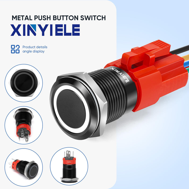 16MM Latching 12V Push Button Switch On Off,Waterproof with LED Light Power Button Switch for car，0.63" Mounting Hole with Wire Socket Plug Self-Locking(Ring White LED/Black Shell) Black Shell