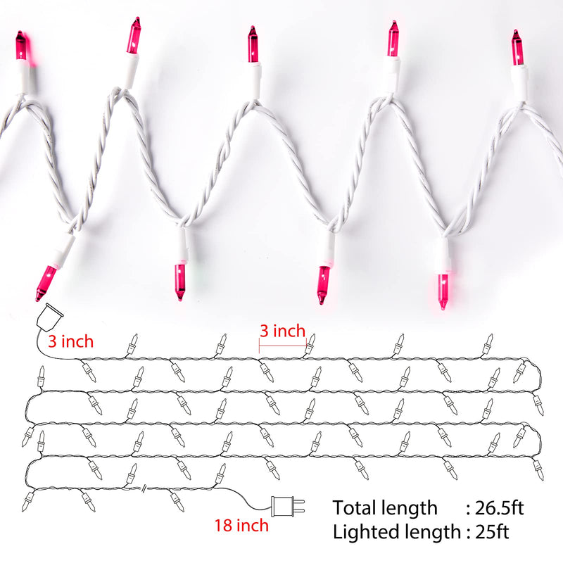 Christmas Pink Mini String Lights - 100 Count 25 Feet Detachable Incandescent Bulb Waterproof Fairy Lights Plug in for Indoor Outdoor Party Patio Xmas Tree Valentine's Day Decoration, White Wire