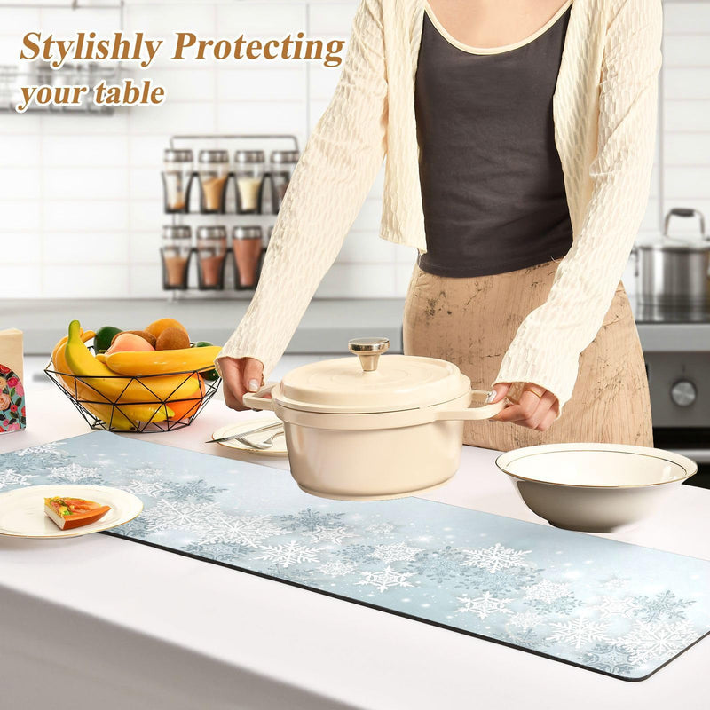 Silver Winter Abstract Snowflakes Christmas Trivet Table Runner 40 Inches Long Trivet for Hot Pots and Pans/Hot Dishes,Table Protector Heat Up to 230F, Decorative Hot Plates Mat for Kitchen Countertop Silver Snowflakes