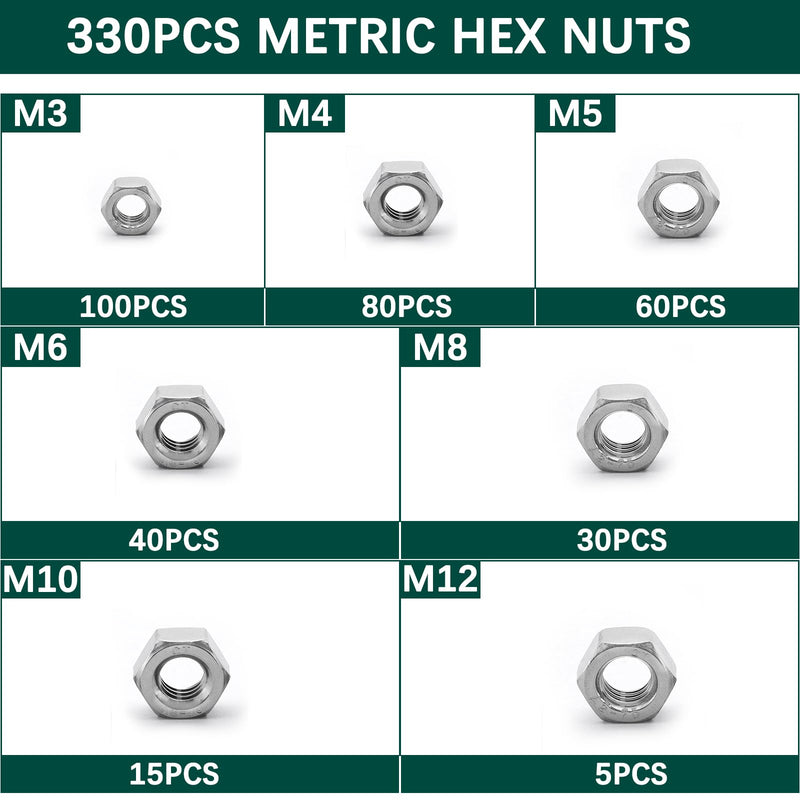Metric Hex Nuts Assortment Kit, 330 PCS 304 (A2-70) Stainless Steel Assorted Hardware Nuts Sets, 7 Sizes-M3 M4 M5 M6 M8 M10 M12 Metric 330PCS