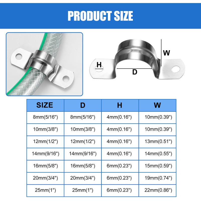 90 Pcs Two Hole Strap U Clamp,Pipe Strap U Bracket Clamp, Stainless Steel Rigid Pipe Strap U Bracket Tube Strap Clamp Kit for Pipe Tube Fixing Mounting - 5/16" 3/8" 9/16" 1/2" 5/8" 3/4" 1"