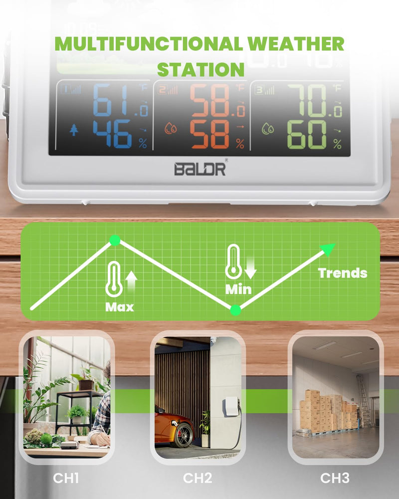 BALDR Weather Station Wireless Multiple Sensors, Indoor Outdoor Thermometer with Atomic Clock and Digital Barometer for Home and Patio