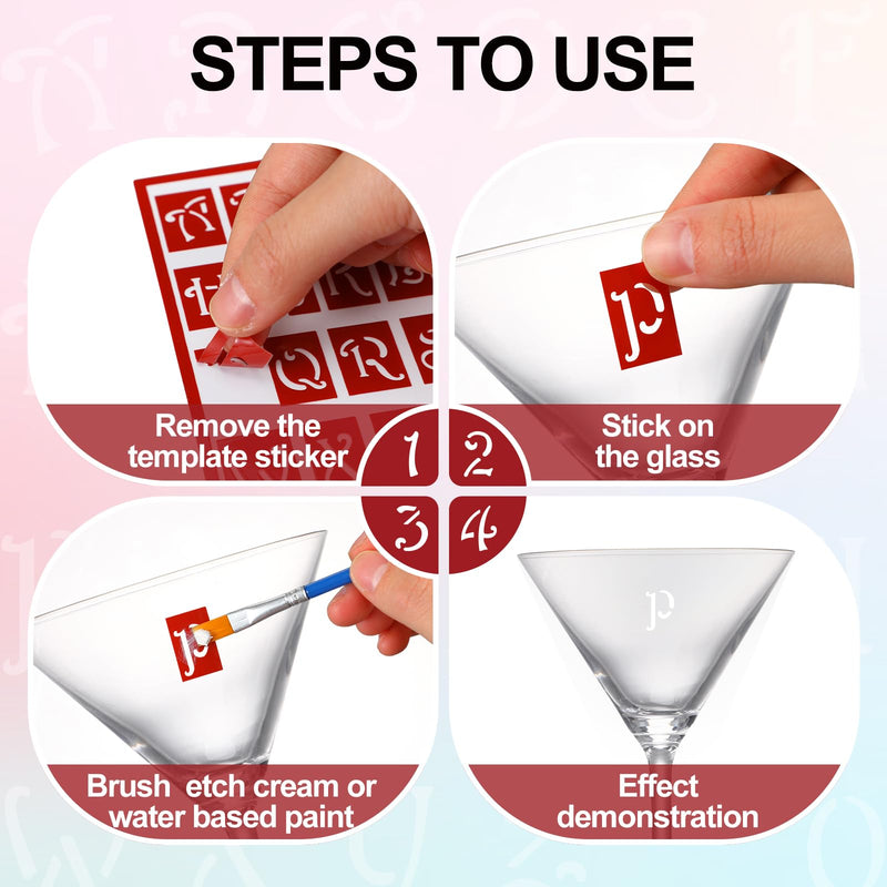 ForraFun 4 Pcs Self-Stick Glass Etching Engraving Stencils for Glass or Stamping Adhesive Stencils, Lowercase Alphabet and Capital Letters with Numerals Etching