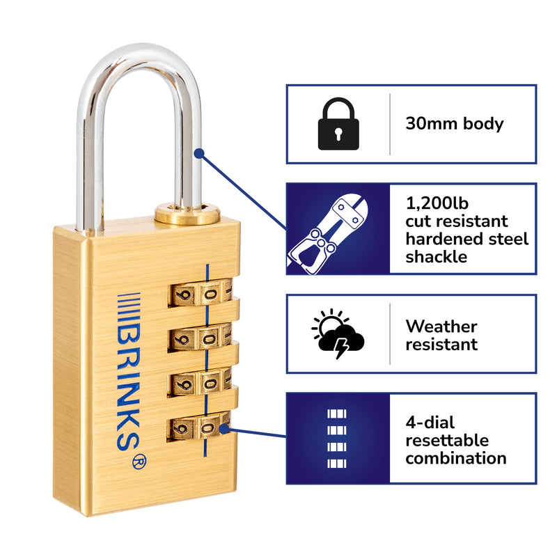 BRINKS - 30mm Solid Brass 4-Dial Resettable Padlock - Chrome Plated With Hardened Steel Shackle 1 Count (Pack of 1)