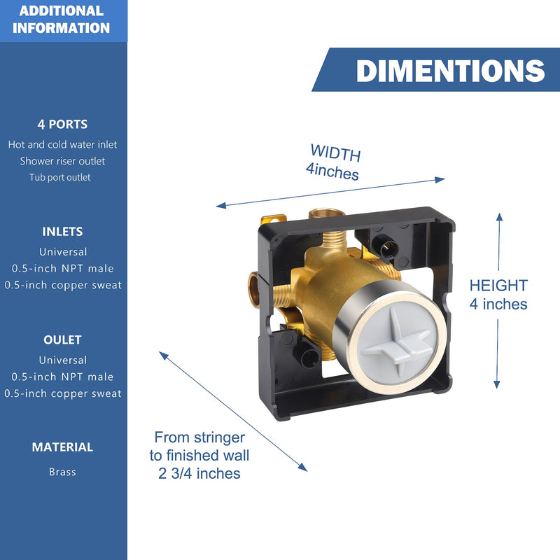 R10000-UNBX Shower Valve Compatible with D Faucet Shower Trim Kits Universal Tub and Shower Valve Body for Tub Faucet Trim Kits, Single Or Dual Function Shower