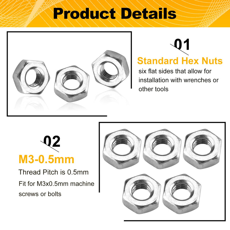 200pcs M3-0.5 Hex Nut, 304 Stainless Steel, M3 x 0.5mm Tiny Nuts Fasteners, Hex Drive, Metric, Right Hand, Small Replacement Nut with Plastic Case