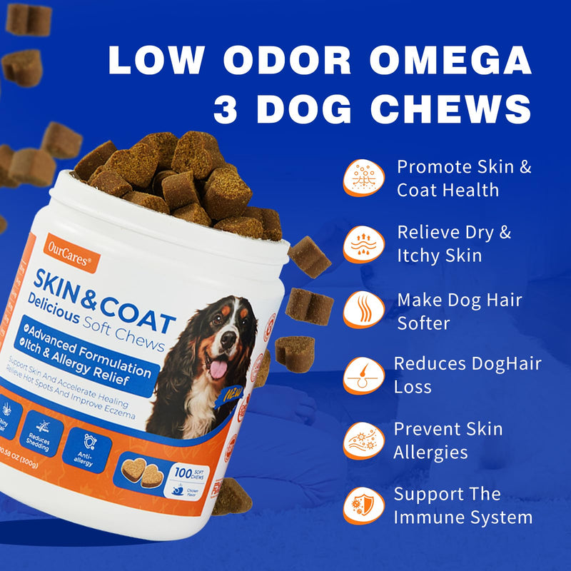 Omega 3 Fish Oil Soft Chews for Dogs — Allergy & Itch Relief, Skin and Coat Supplement for Shedding, Dry Skin, Hot Spots — EPA DHA, Wild Alaskan Salmon Oil — Chicken Flavor, 120 Count 100 Chews*1