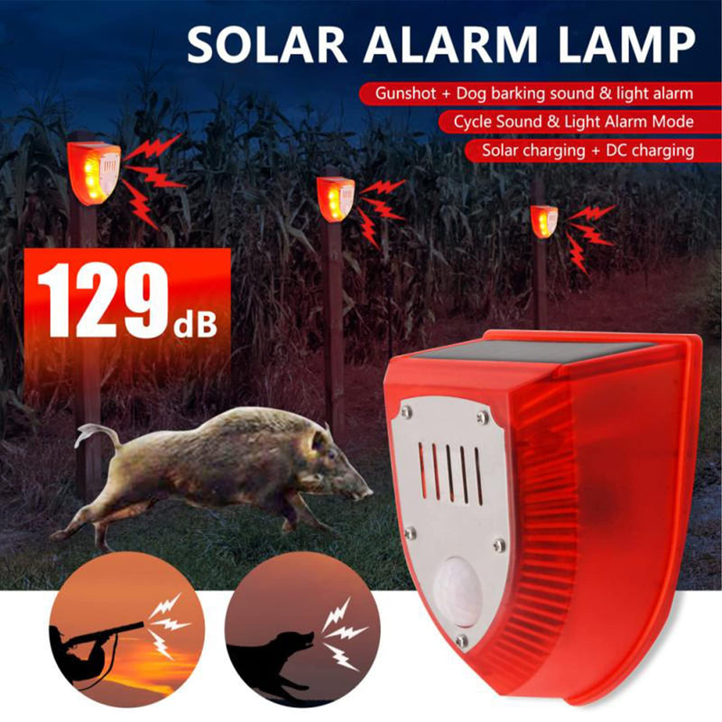 keeda Solar Security Light Alarm, 129dB Warning Loud Solar Strobe Light Makes Gunshot Sounds & Dog Barking Waterproof PIR LED Motion Sensor for Farm Barn Yard (2 Pack) 2 Pack