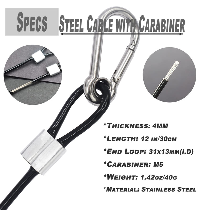 10 pcs 1FT (30cm) Vinyl Cover Coated Stainless Steel Wire Cable with Loops and Carabiner Hook Short Security Rope Lanyard Tether Lock, 4mm Thickness Black 12"/30cm 10pcs_Black