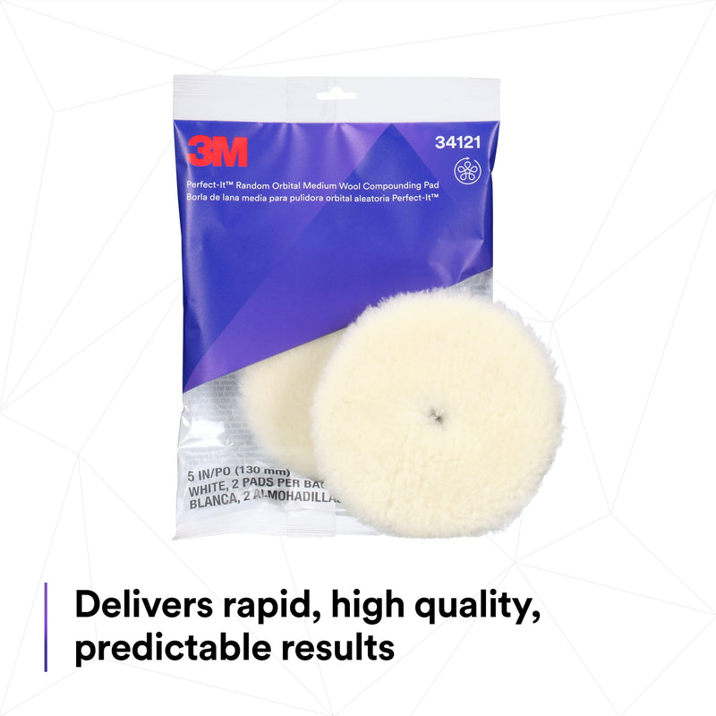 3M Perfect-It Random Orbital Medium Wool Compounding Pad, 5"/130 mm, White, 34121, Orbital Pads for Automotive Compounding and Polishing 5" 130mm