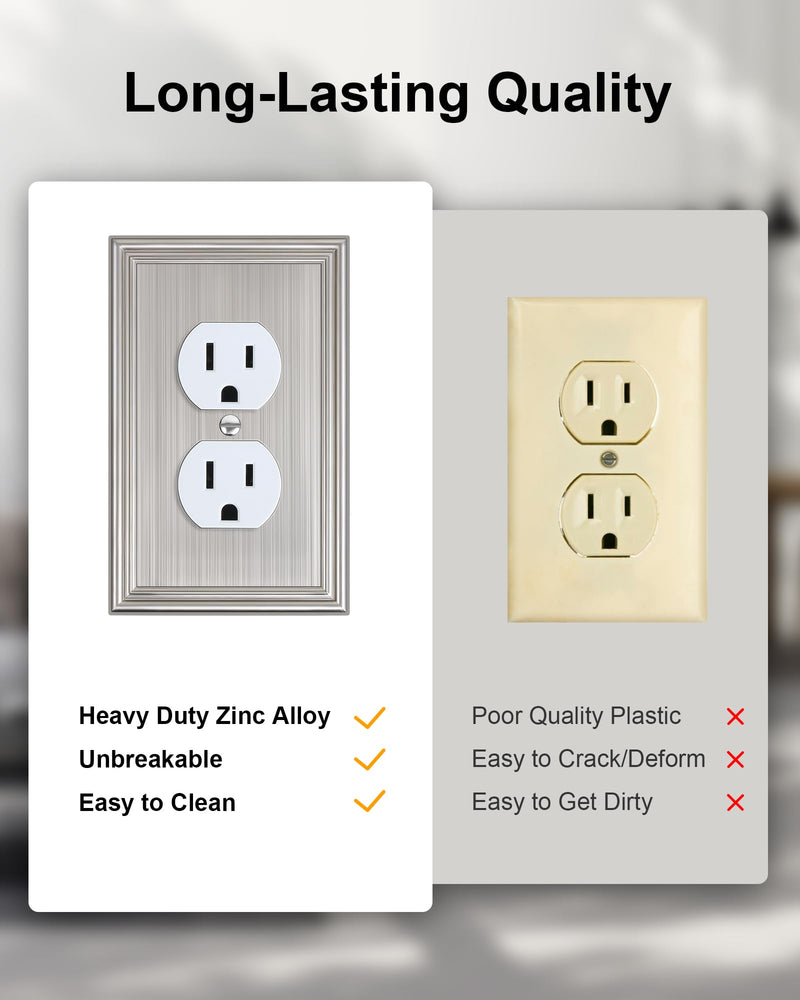 4-Pack Duplex Outlet Cover, Durable Solid Zinc Alloy Decorative Switch Plates and Outlet Covers, Brushed Nickel Wall Plates for Electrical Outlet, 1 Gang Receptacle Cover, Corrosion Resistant 1 Duplex 4PK
