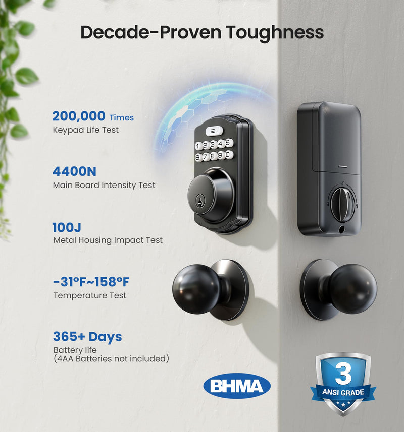 Veise Keyless Entry Door Lock with 2 Knobs, Electronic Backlit Keypad Deadbolt with Handle Set, Auto Lock, One-time Codes, Smart Deadbolt for Front Door, Easy Installation, Matte Black Knob