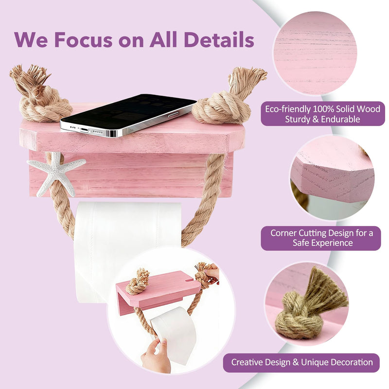 Mermaid Toilet Paper Holder - Pink Beach Coastal Rope Bathroom Decor with Starfish Wall Mount, Farmhouse Tissue Holder with Wood Shelf, Rustic Towel Rack Bathroom Accessories