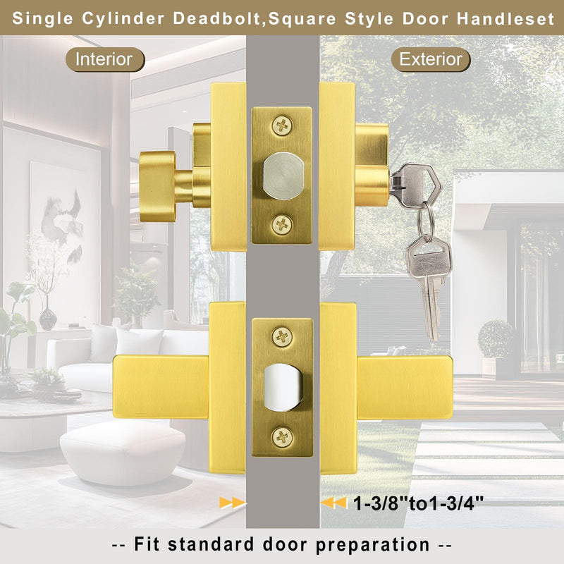 1 Pack Exterior Door Lockset with Deadbolt, Gold Passage Lever and Keyed Alike Single Cylinder Deadbolt, Reversible Square DoorHandleset for Bedroom, Front Door 1
