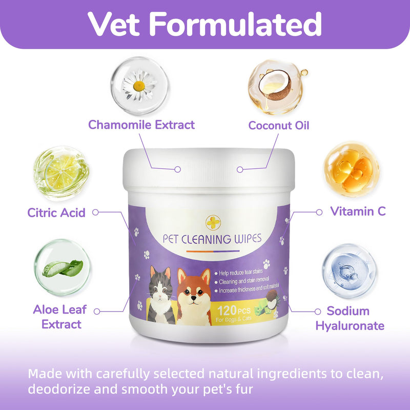 Dog Eye Wipes, 120 Count Cat Eyes Cleaning Wipes Gentle Pet Tear Stain Remover, Hypoallergenic Puppy Dogs Eye Wash Cleaner for Debris Discharge Mucus, Vet Recommended Aloe Chamomile Pets Wipe Pads