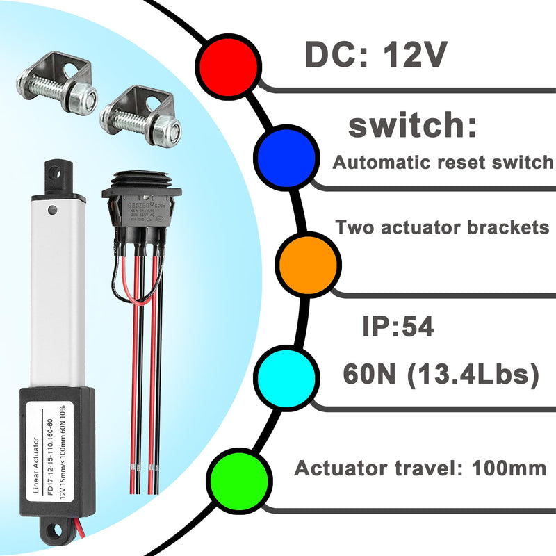 AWINLI Mini Linear Actuator 12V 4 Inch Stroke,60N/13.4Lbs,Speed 15mm/s Mini Waterproof Sports Actuator Small 12V with Mounting Bracket for Cabinets,Window Openers,Robots(100mm） 4 "/100mm mini12V